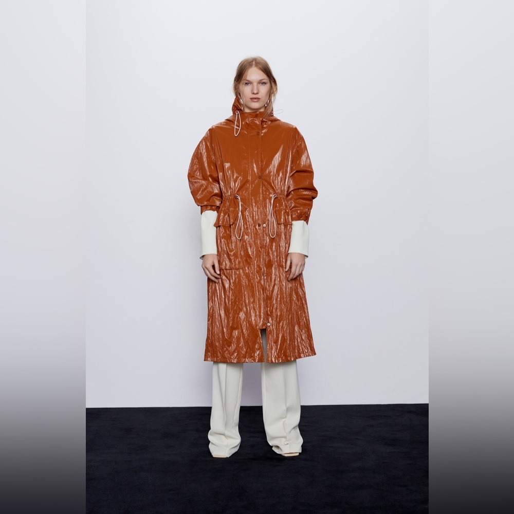 Zara Shiny  Hooded Trench Coat NWOT